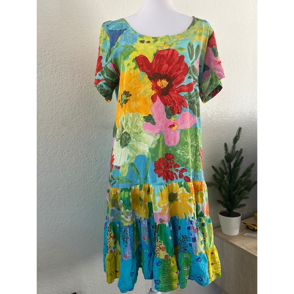 Jams World Dresses & Skirts - Vintage Jams World Tropical Floral Patchwork Tiered Midi Dress L 2000s Dopamine